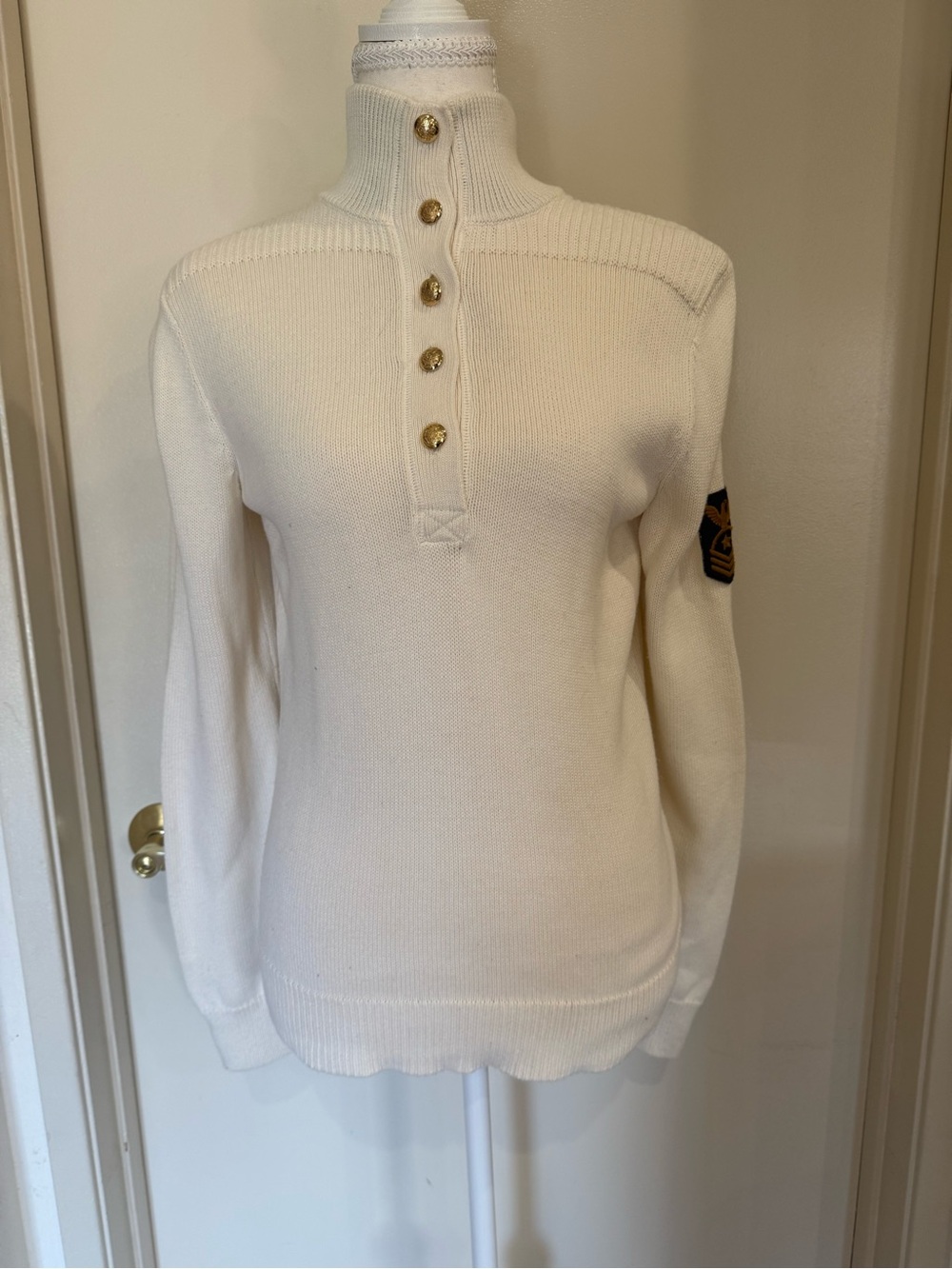 Military Ralph Lauren Cream Button-Neck Turtleneck Sweater